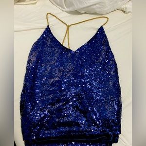Blue sequins glitter tank top with gold chain back